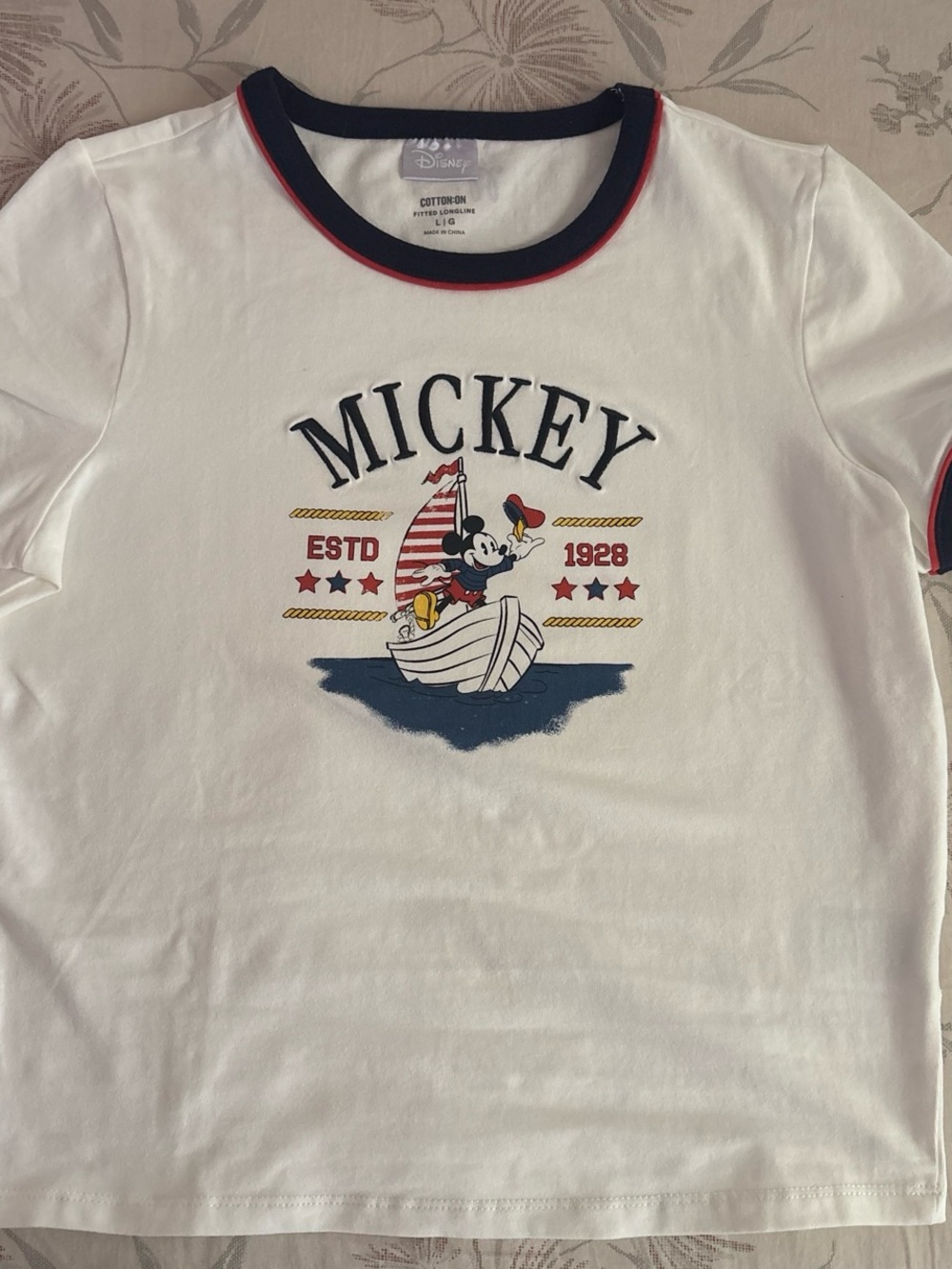Cotton On White Kids Tee with Navy & Red Trim and Mickey Sailboat
